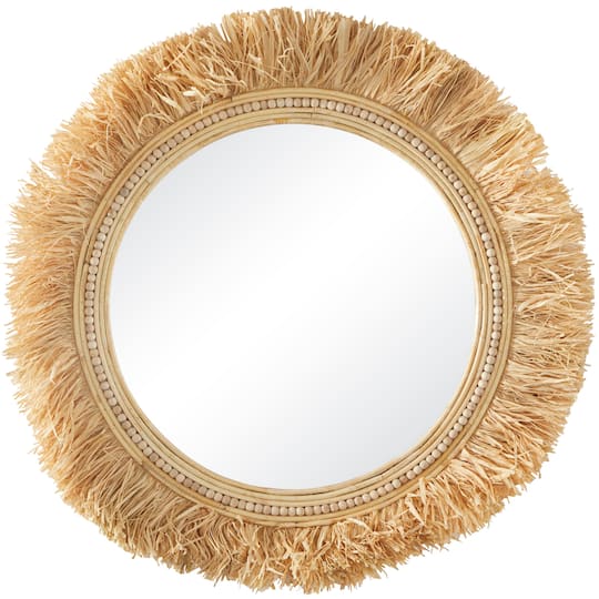 Light Brown Seagrass Wall Mirror with Fringe Detailing 35" x 1" x 35"